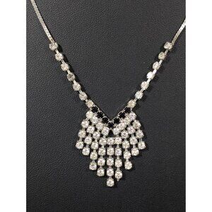 Vintage Black Clear Rhinestone Pave Fringe Tennis necklace Herringbone Silver To